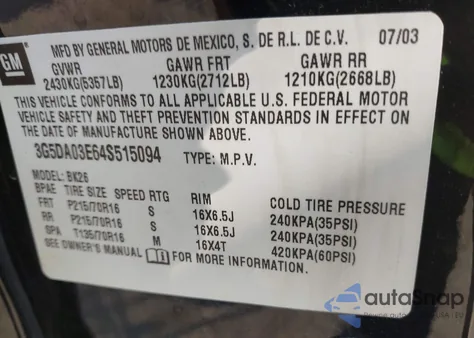 2004 Buick Rendezvous Cx from USA, damaged, VIN 3G5DA03E64S515094